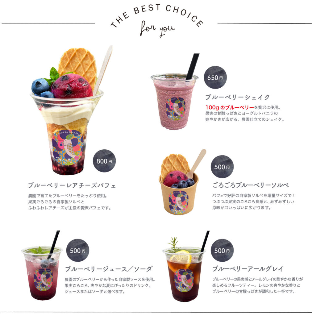ブルーベリーレアチーズパフェ、ブルーベリーシェイク、ごろごろブルーベリーソルベ、ブルーベリーアールグレイ、ブルーベリージュース・ソーダ